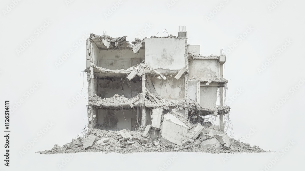 Poster powerful image of the collapsed remains of a building, with distinct destruction layers, shot on a m