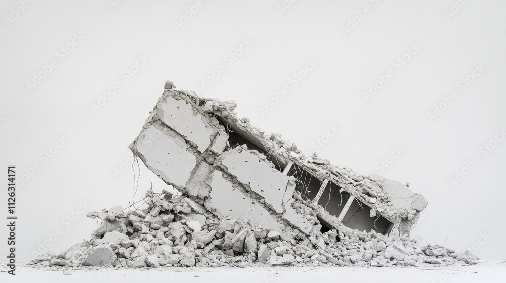 Poster powerful image of the collapsed remains of a building, with distinct destruction layers, shot on a m