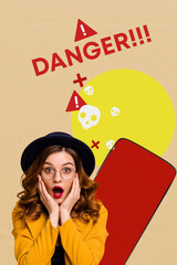 Composite trend artwork sketch image collage of danger cybersecurity spy hacker software young lady shocked face omg smartphone display
