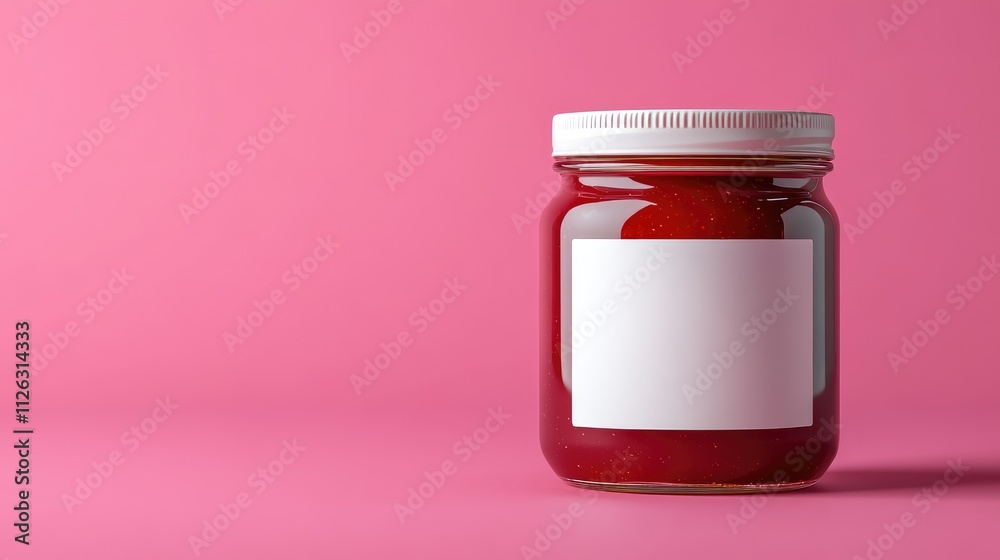 Poster professional mockup of raspberry jam in a glass jar with a blank white label, perfectly centered on 