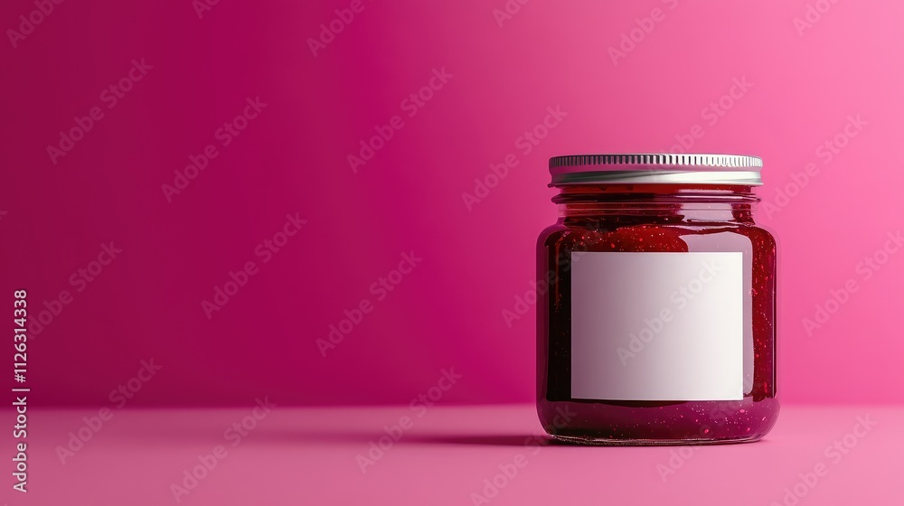 Poster professional mockup of raspberry jam in a glass jar with a blank white label, perfectly centered on 