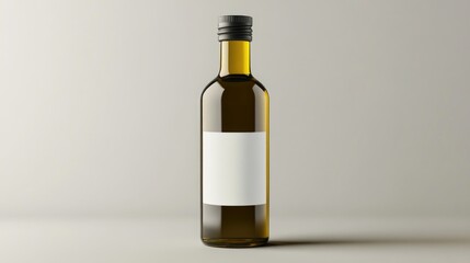 Product shot of an olive oil bottle with a white label mockup on a smooth grey background, perfect for showcasing the design.