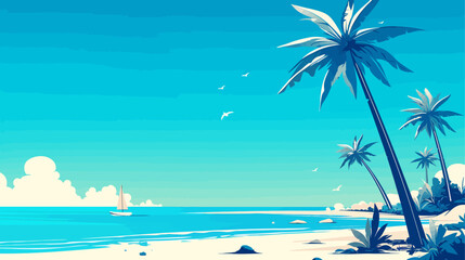 Fototapeta premium Blue ocean with a sailboat in the water. A palm tree is in the foreground. The sky is clear and blue