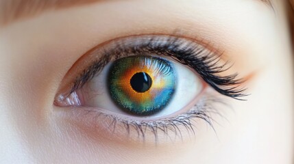 Close-up of a vibrant human eye with unique color patterns and detailed iris.