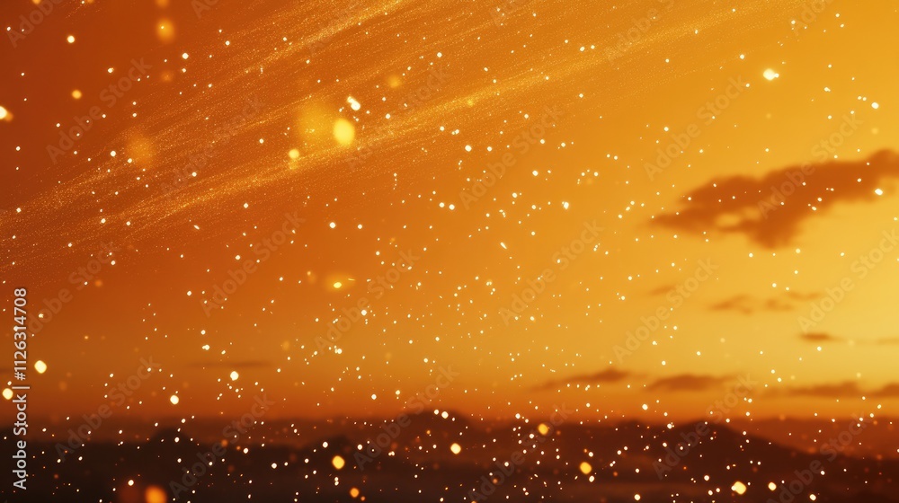 Poster radiant golden falling stars streak across the sky, with sparkling bokeh lights blending into a warm