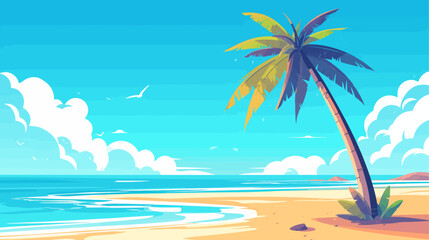 Fototapeta na wymiar Palm tree is on a beach with a blue sky. The palm tree is on the right side of the image