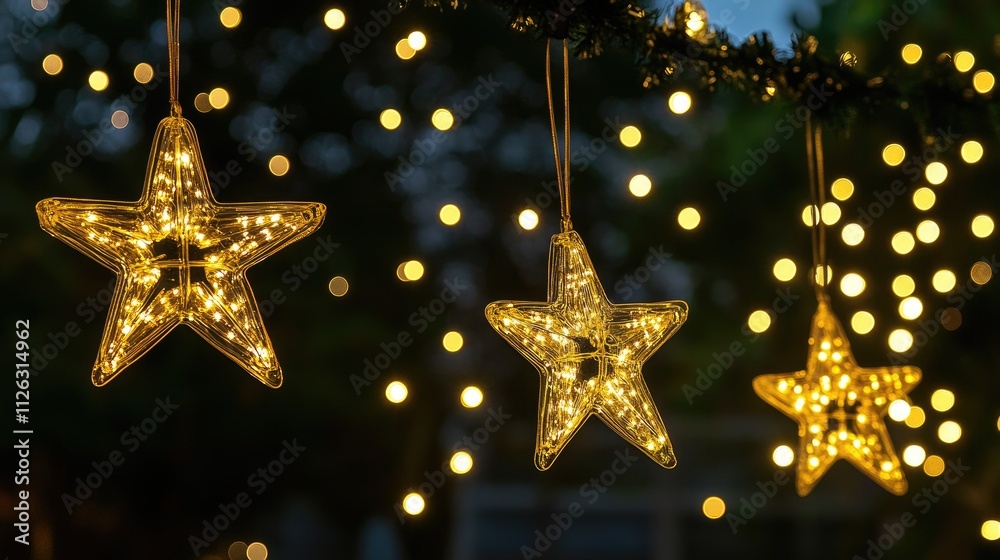 Poster Radiant golden stars cascade across a dark sky, surrounded by soft bokeh lights, creating a magical and festive mood.