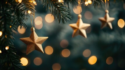 Radiant golden stars cascade across a dark sky, surrounded by soft bokeh lights, creating a magical and festive mood.