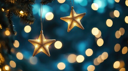 Radiant golden stars cascade across a dark sky, surrounded by soft bokeh lights, creating a magical and festive mood.