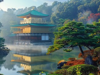 Obraz premium Serene Japanese Garden Temple Misty Dawn Reflection