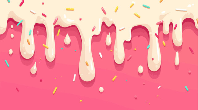 Pink background with a white icing drizzle and sprinkles. The icing is white and the sprinkles are yellow, green