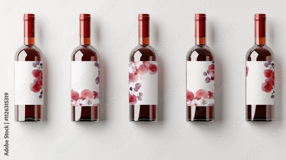 Poster Red and white wine bottles arranged artistically on a pristine white backdrop, featuring empty labels, ready for customization and design.
