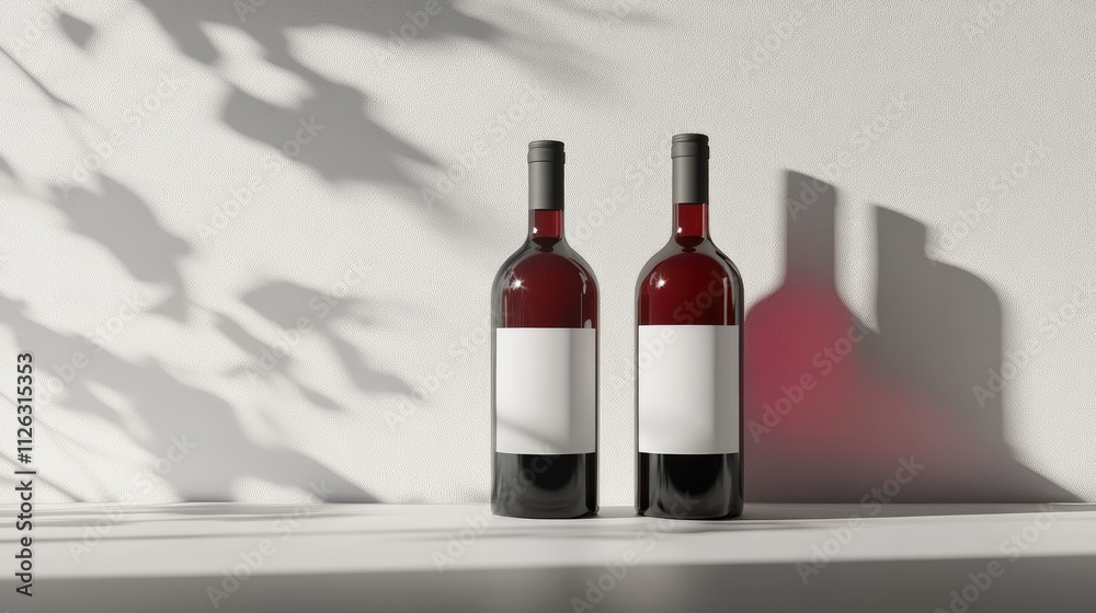Poster Red and white wine bottles arranged artistically on a pristine white backdrop, featuring empty labels, ready for customization and design.