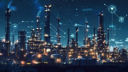 Naklejka premium Digital twin technology being used in an industrial setting, such as an oil and gas refinery or factory. Industry technology