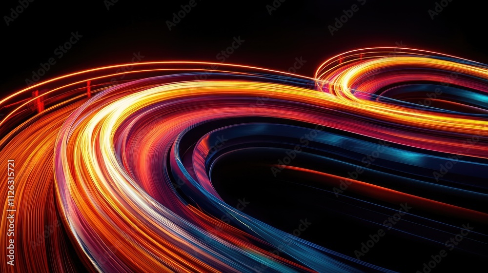 Poster rollercoaster light trails captured in long exposure, forming exciting curves and loops as they cut 
