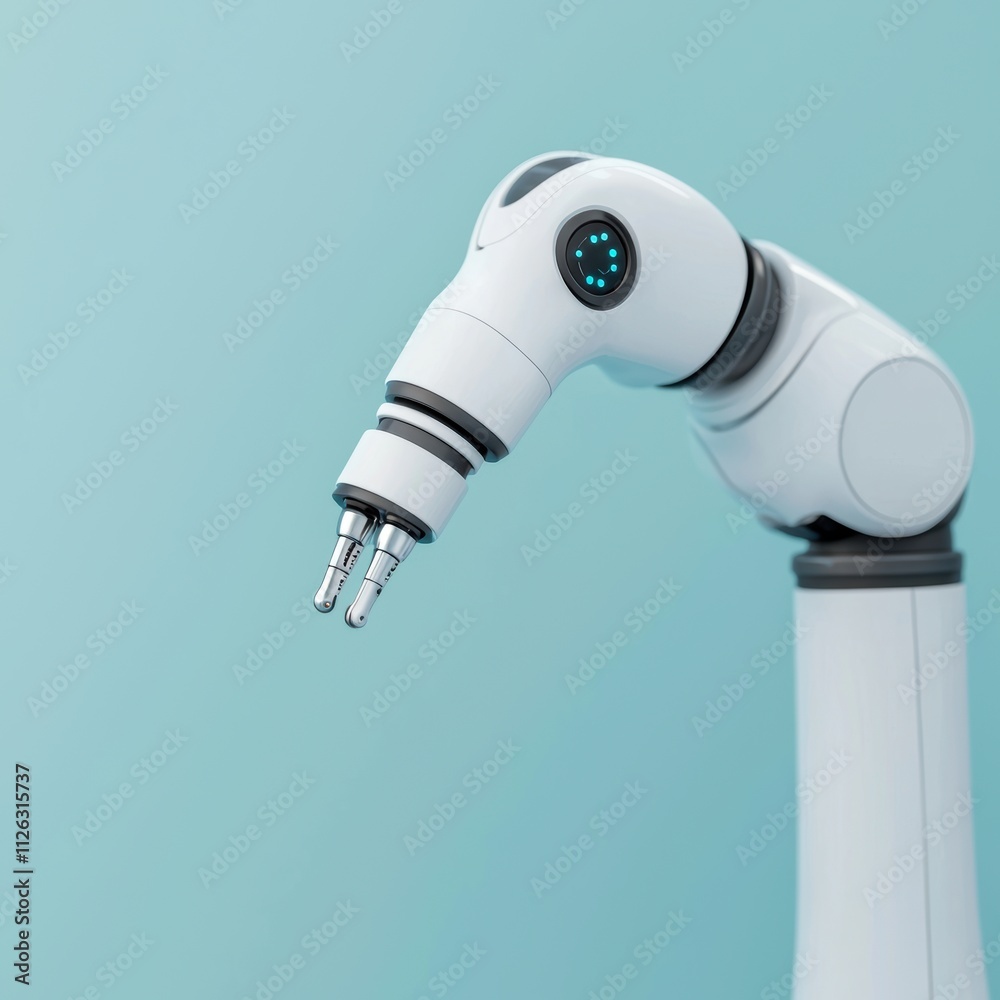 Poster A sleek robotic arm with a friendly design, featuring a gripping mechanism and a soft color palette against a minimalist backdrop.