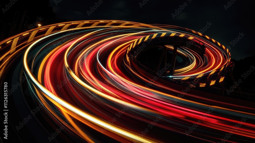 Poster rollercoaster light trails captured in long exposure, forming exciting curves and loops as they cut 