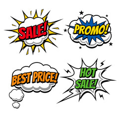 Retro comic speech bubbles with different tags sale. Vector illustration.