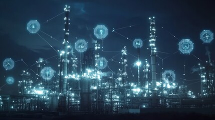 Fototapeta premium Digital twin technology being used in an industrial setting, such as an oil and gas refinery or factory. Industry technology