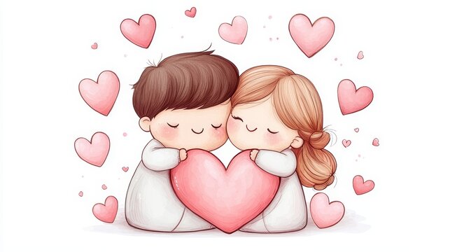 Romantic couple hugging with heart icons, soft pastel colors, isolated white background