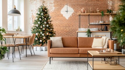 Elegant christmas tree decorates modern home living room scene