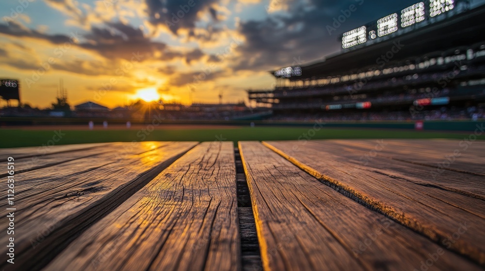 Poster sharp focus on a wooden table surface, with a blurred view of a lively baseball stadium in the dista