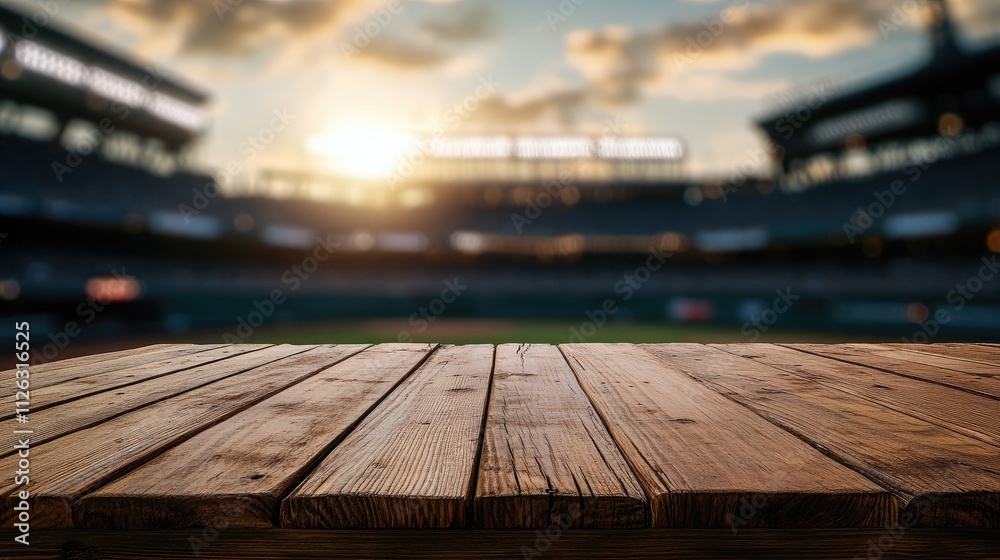 Poster sharp focus on a wooden table with the bustling outline of a baseball stadium in the background, emp