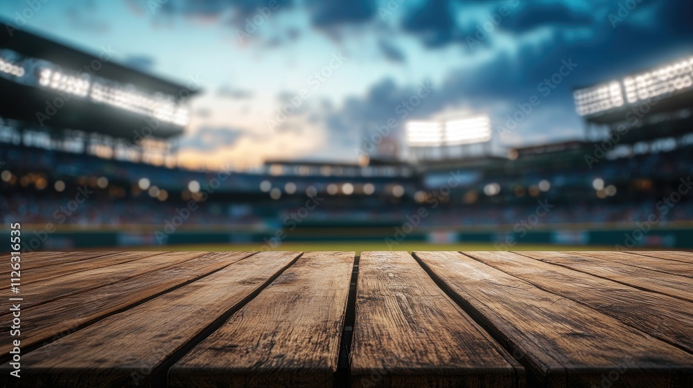 Poster sharp focus on a wooden table with the bustling outline of a baseball stadium in the background, emp