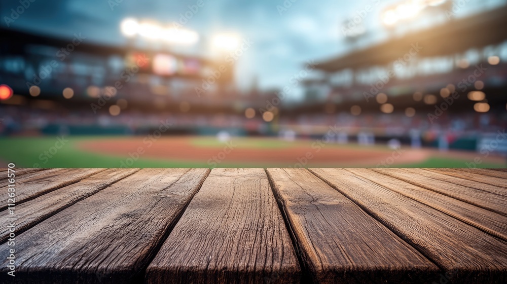 Aufkleber sharp focus on a wooden table surface, with a blurred view of a lively baseball stadium in the dista