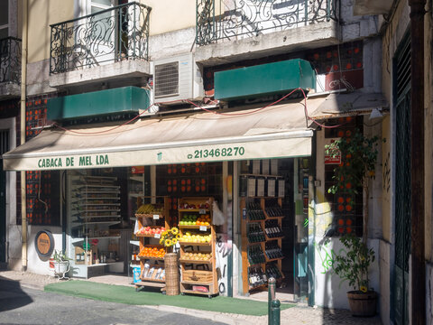 LISBON, PORTUGAL - MARCH 06, 2015:  Exterior view of Cabaca de Mel grocery shop in Travessa do Cotovelo street