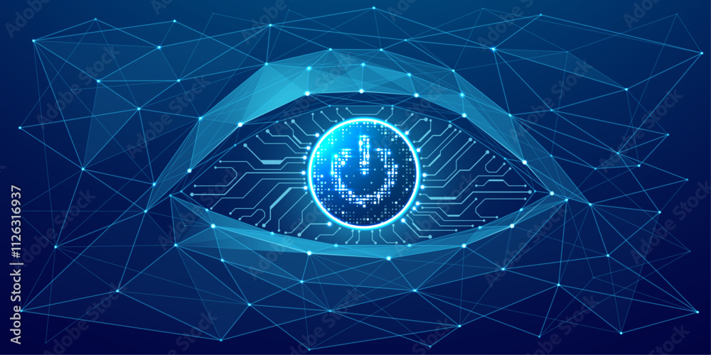 Poster Abstract technology eye with a circle Power button with neon elements and circuit wires in electric blue. AI concept. Tech vision background. AI chip or abstract semiconductor bg. Vector illustration.