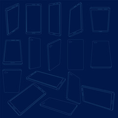 Outline Smartphone set. Perspective mobile phone contour with screen, Vector illustration