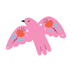 Sweet bird in folk style. Cute bird with flowers in folk style. Vector illustration. Flat style.