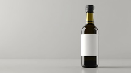 Sleek olive oil bottle with a blank white label, isolated on a minimalist grey surface for a clean, elegant product presentation.