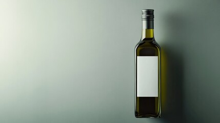 Sleek olive oil bottle with a clean white label mockup, placed against a minimalist grey background for a professional product shot.