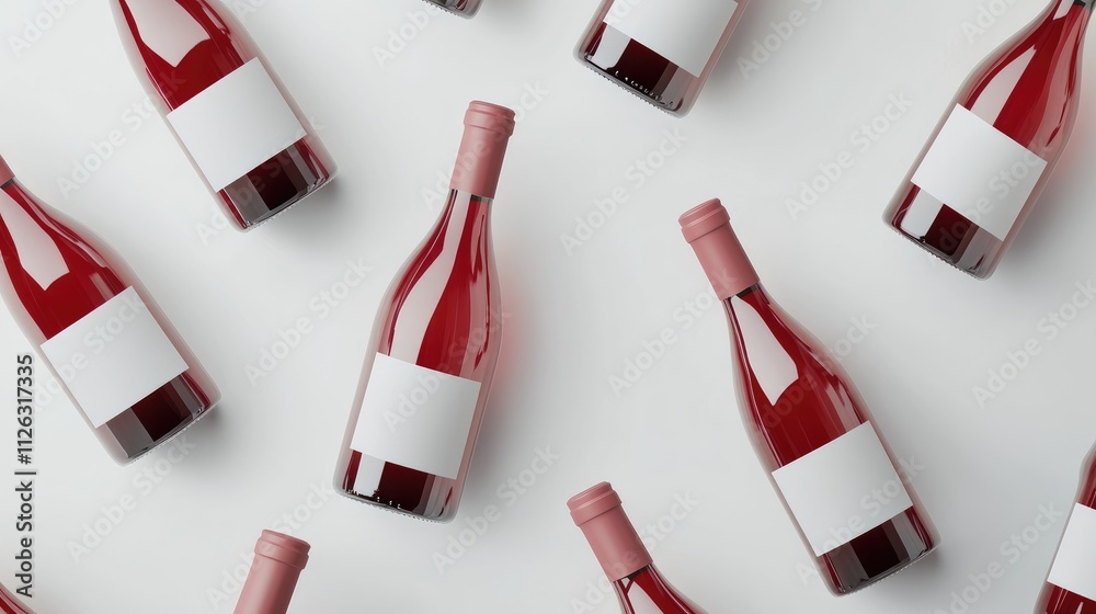 Poster sophisticated wine bottles, red and white, placed elegantly with blank labels on a white background,