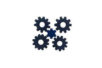 Fototapeta premium A central blue gear surrounded by four dark gears, symbolizing collaboration and mechanical interaction.
