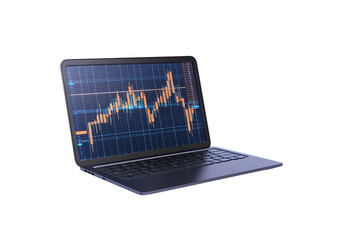 A sleek laptop displaying a financial chart with dynamic candlestick patterns.