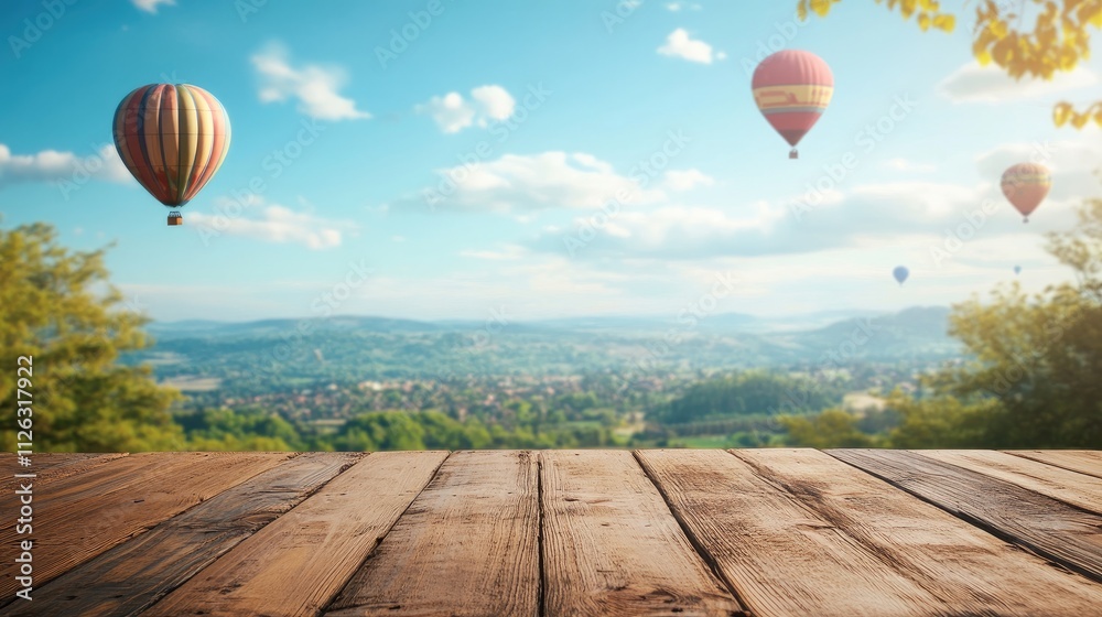 Poster subtle grain details of a rustic wooden table, framed by distant hot air balloons and a tranquil blu