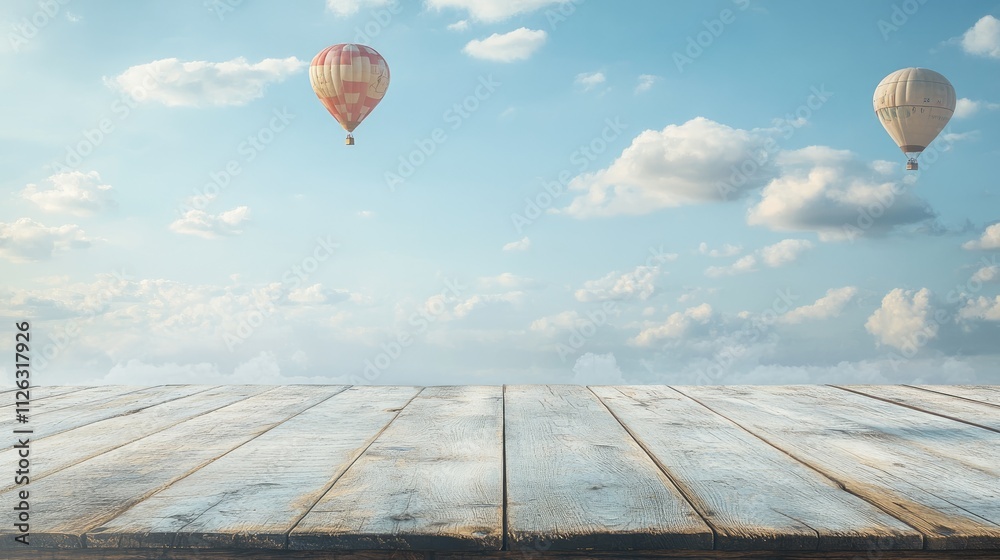 Poster subtle grain details of a rustic wooden table, framed by distant hot air balloons and a tranquil blu