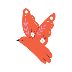 Sweet bird in folk style. Cute bird with flowers in folk style. Vector illustration. Flat style.