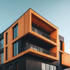 Fototapeta premium Modern architectural design featuring a striking combination of wooden and dark facades.