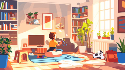 Fototapeta premium Boy is playing a video game in a living room. There are several potted plants in the room, including one near the boy