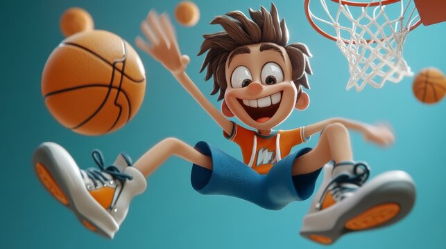 Joyful cartoon boy dunking basketball orange cartoon boy basketball sport game player action happy excited jump shoes court net ball 3d animation illustration character fun energetic child kid