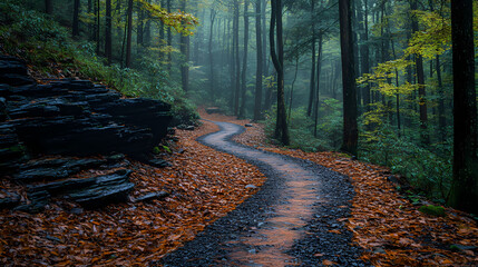 Naklejka premium Curving behind a large rock formation is a forest-lined path