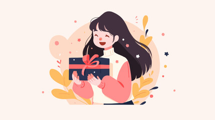 Obraz premium Woman is holding a gift box. The box is red and white. The woman is smiling