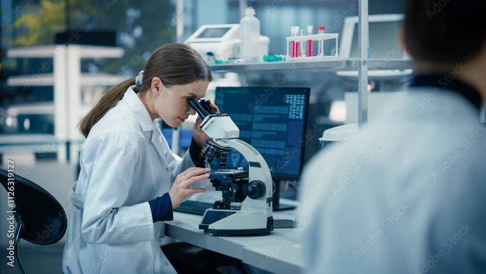 Poster Female Scientist Looking at Biological Samples Under a Microscope in an Applied Science Laboratory. Portrait of a Caucasian Lab Engineer in White Coat Sitting with Turned Back to Camera
