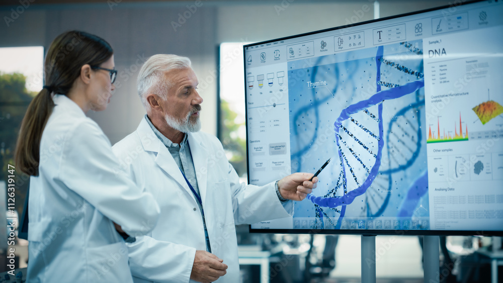 Poster middle aged head of laboratory having a meeting with a female chief technologist in a modern biochem