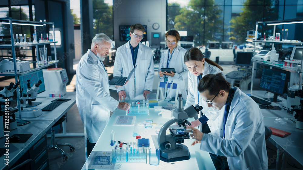 Poster Head of Laboratory Making a Bioengineering Experiment with a Group of Young Science College Students. Future Specialists Working with Modern Microscopes, Using Tablet and Laptop Computers