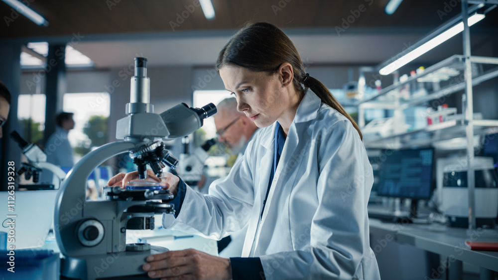 Leinwandbilder female bioengineer looking at dna samples under a microscope in a modern applied science laboratory.